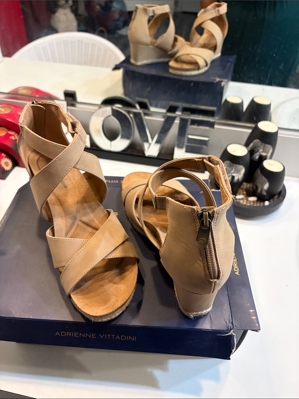 Adrienne Vittadini Neutral Tan Crisscross Wedge Sandals